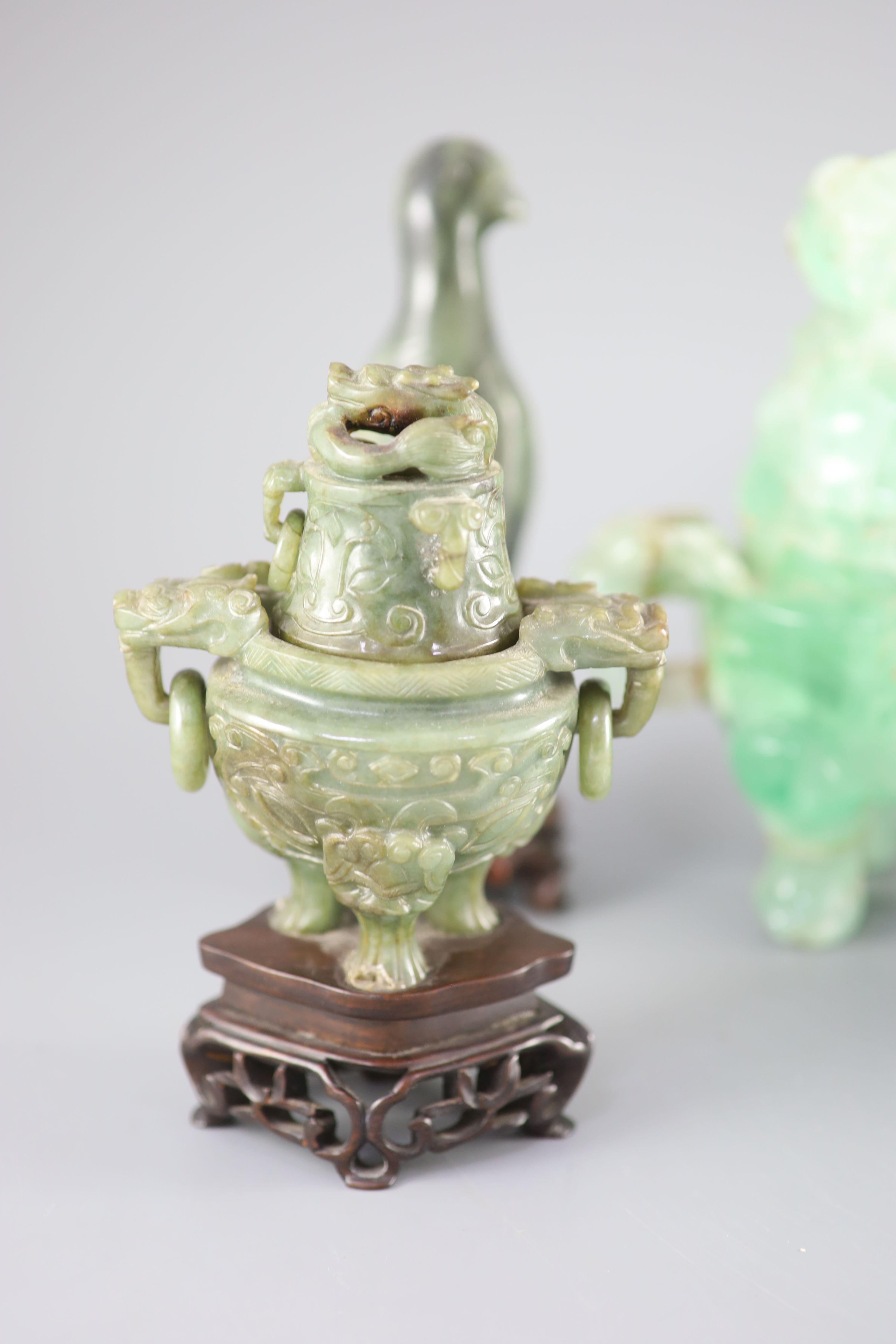 A large Chinese green quartz tripod censer, a Chinese green jade tripod censer, incomplete,
